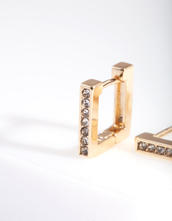 Gold Square Diamante Huggie Earrings