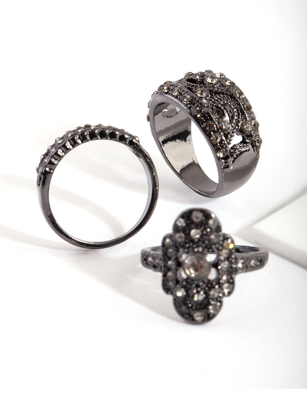 Gunmetal Diamante Vintage Ring Pack