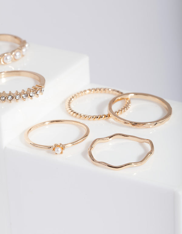 Gold Pearl & Diamante Mix Ring 7-Pack