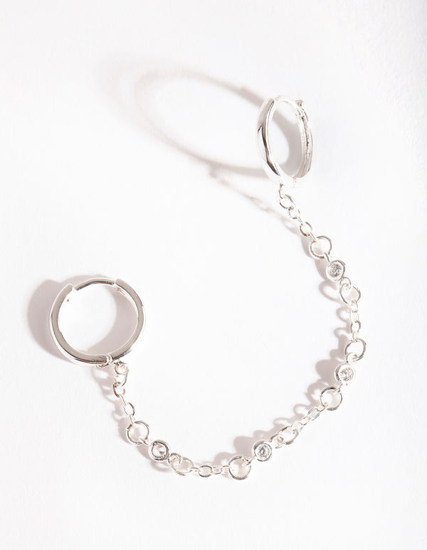Silver Diamante Chain Double Huggie Earrings