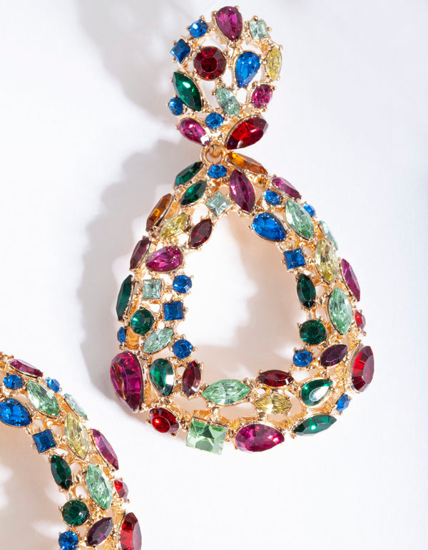 Gold Rainbow Cluster Teardrop Earrings