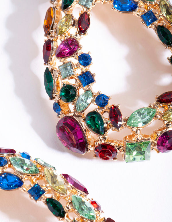 Gold Rainbow Cluster Teardrop Earrings