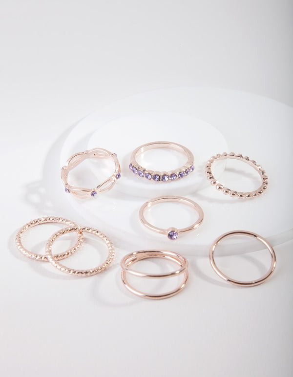 Rose Gold Purple Diamante Ring 8-Pack