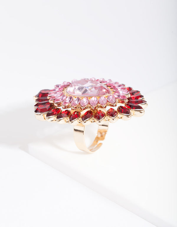 Gold Pink & Red Diamante Ring