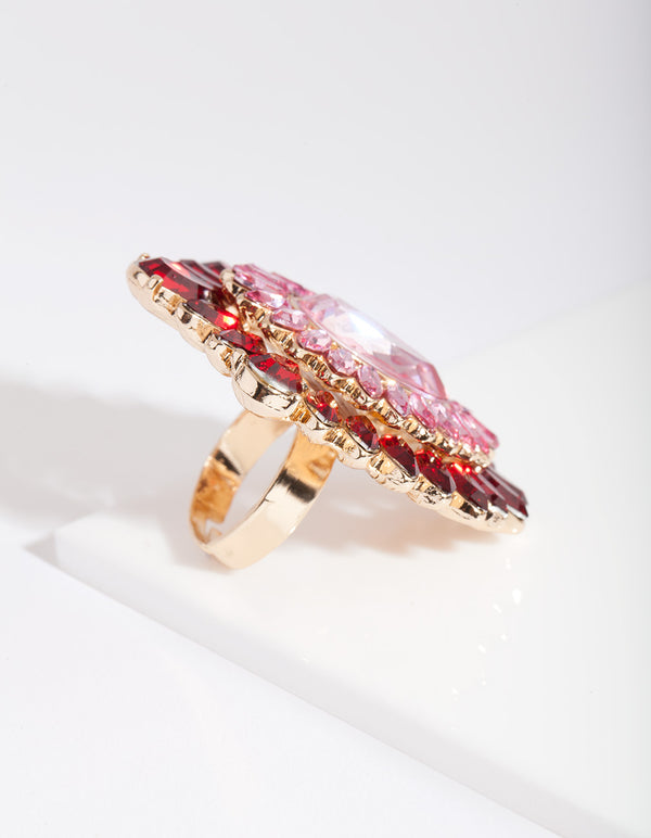 Gold Pink & Red Diamante Ring