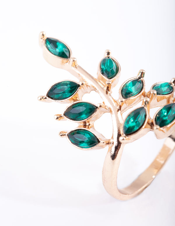 Gold Green Stone Leaf Ring
