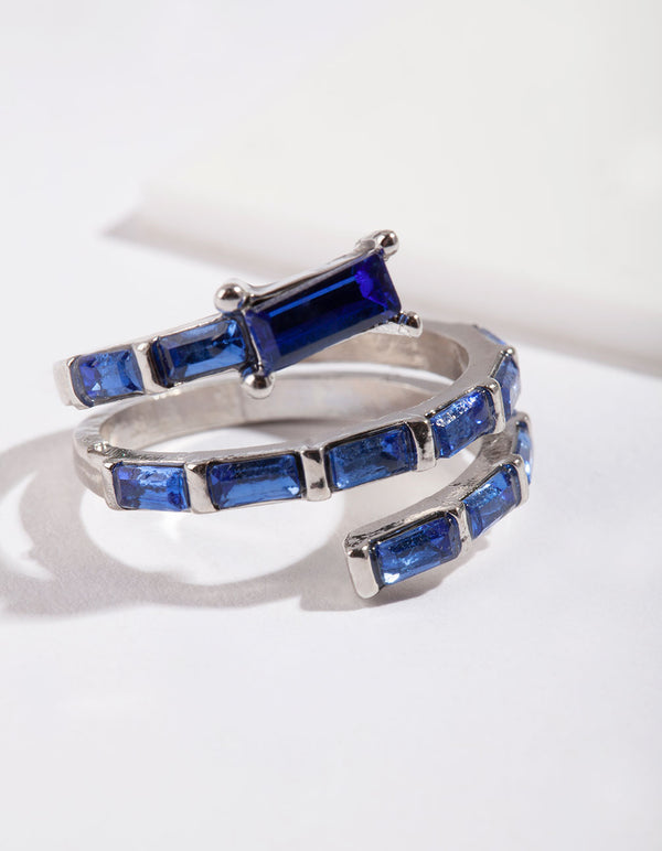 Silver Blue Gem Baguette Wrap Band Ring