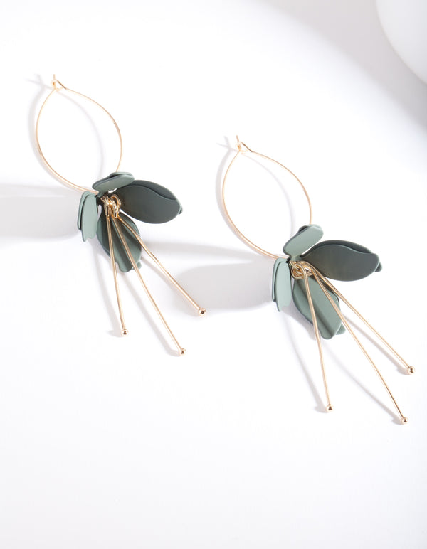 Gold Green Flower Drop Earrings