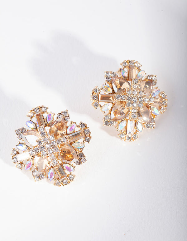Gold Crystal Stone Stud Earrings