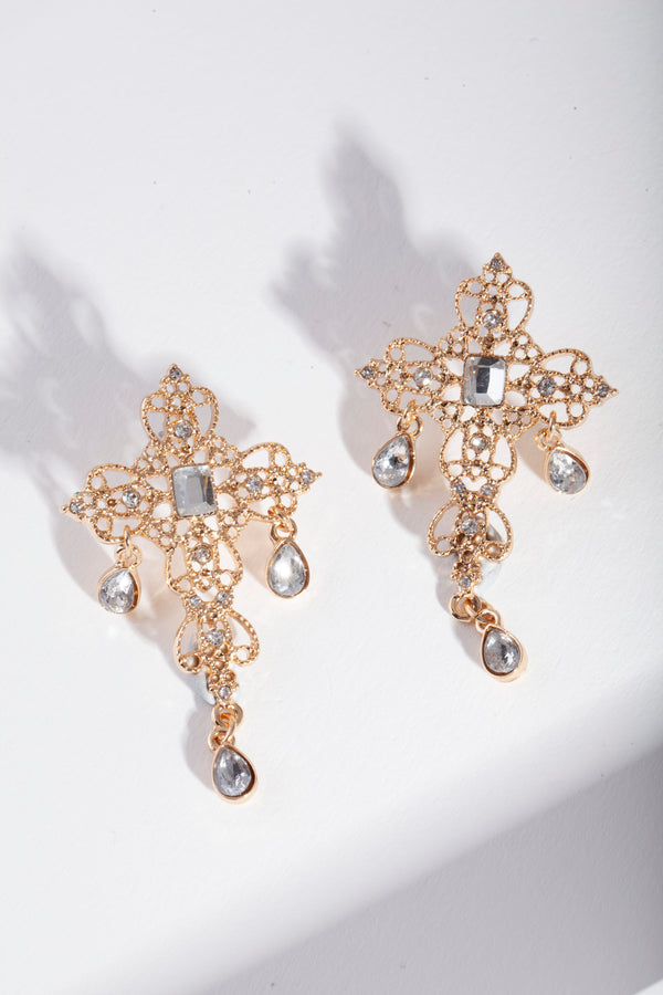 Gold Diamante Drop Cross Earrings