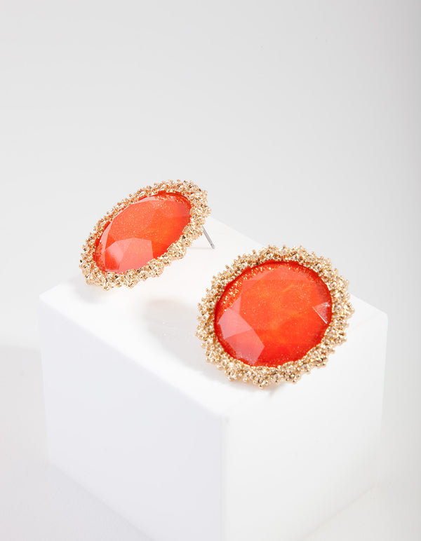 Shiny Gold Texture Stone Circle Earrings