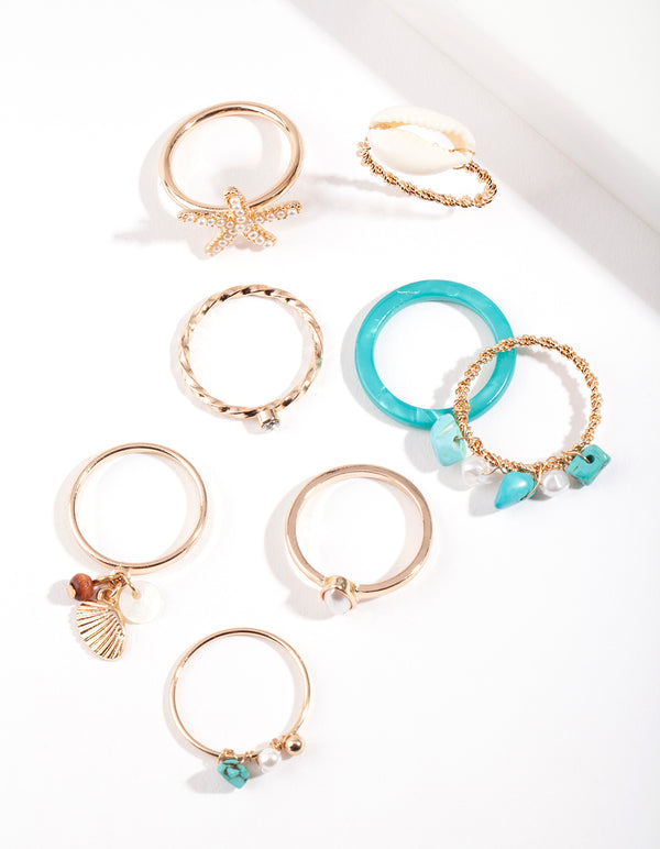 Gold Turquoise Sea Ring 8-Pack