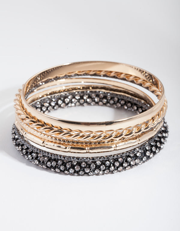Black & Gold Diamante Bangle 7-Pack