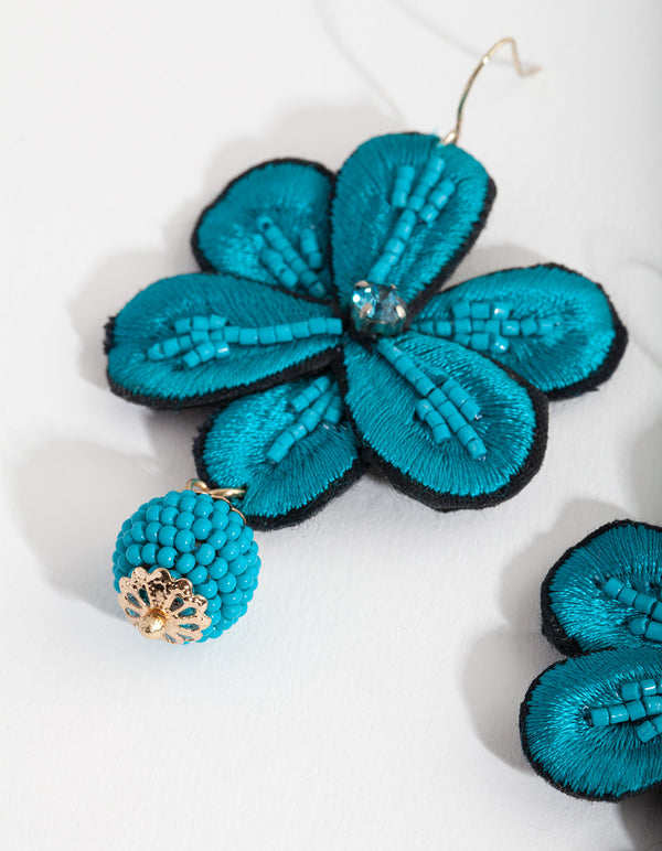 Blue Floral Beaded Earrings