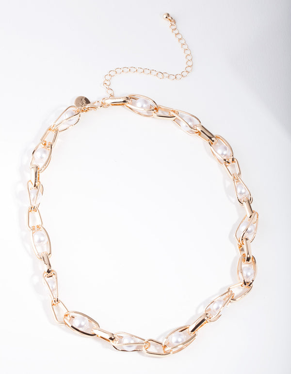 Gold Caged Pearl Chain Necklace