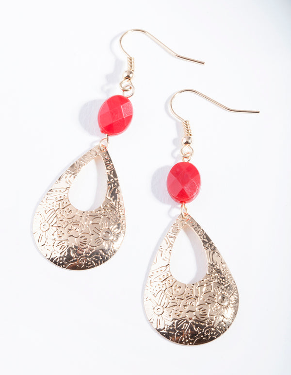 Gold Red Etched Teardrop Earrings