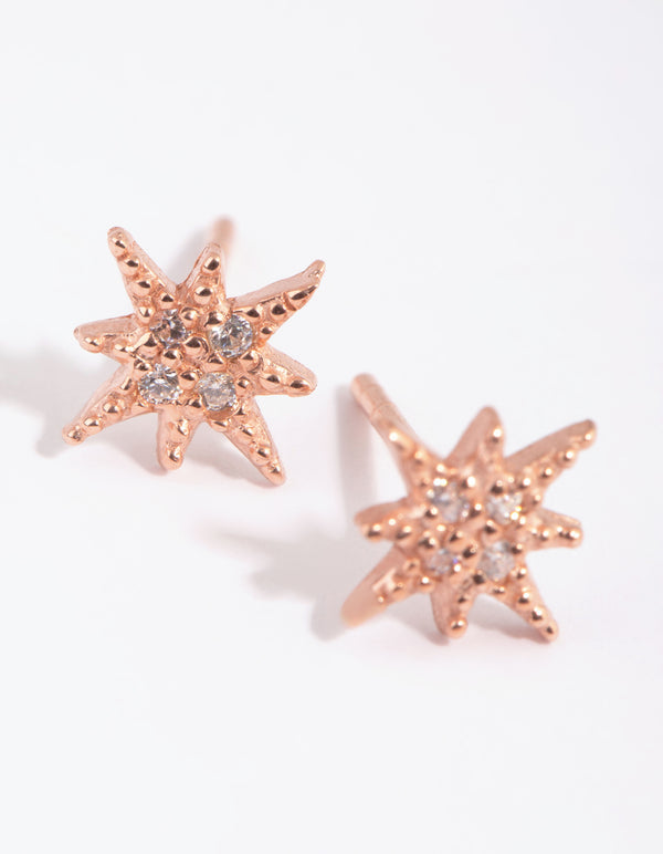 Rose Gold Plated Sterling Silver Diamante Starburst Stud Earrings