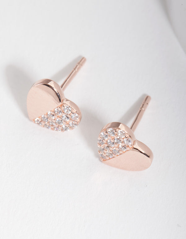 Rose Gold Plated Sterling Silver Half Pave Heart Earrings