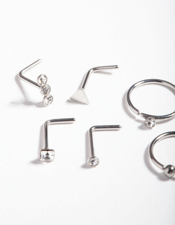 Surgical Steel Geometric Diamante Nose Ring 6-Pack