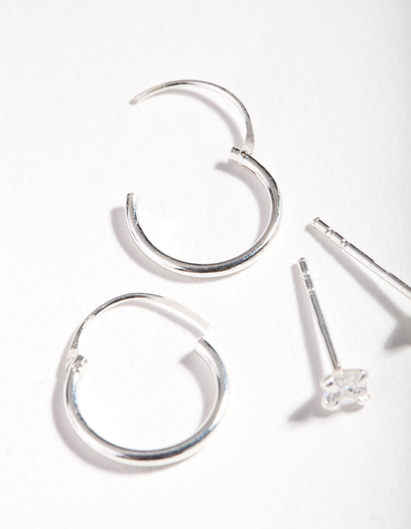Sterling Silver Cubic Zirconia Princess Stud Hoop Earring Pack