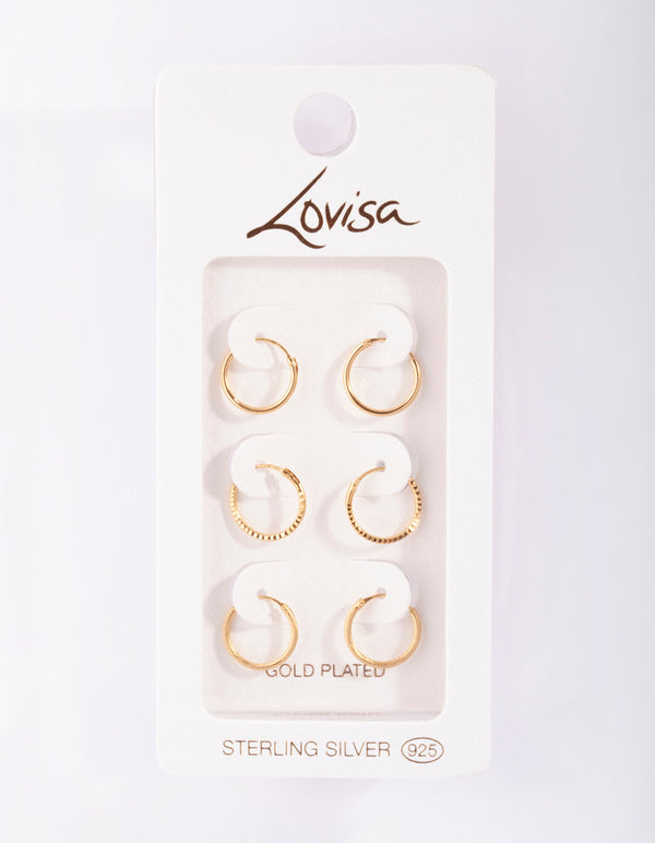 Gold Plated Sterling Silver Medium Textured Hoop Pack Earring