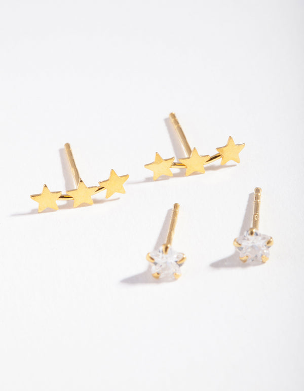 Gold Plated Sterling Silver Star Cubic Zirconia Stud Earring Pack