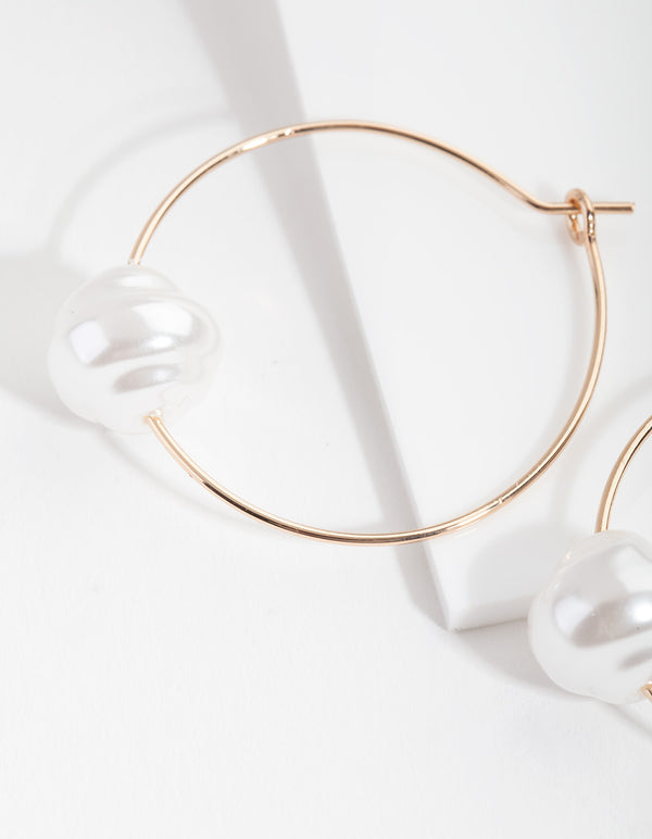 Gold Single Pearl Hoop Earrings
