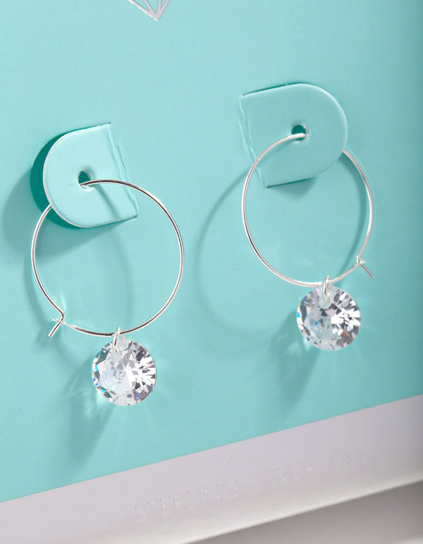 Sterling Silver Cubic Zirconia Dangle Fine Hoop Earrings