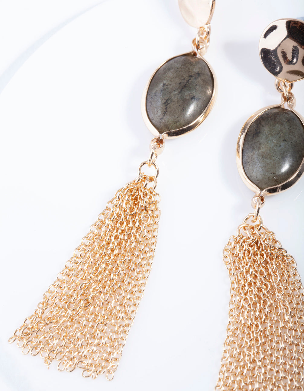 Gold Labradorite Neutral Tassel Drop Earrings