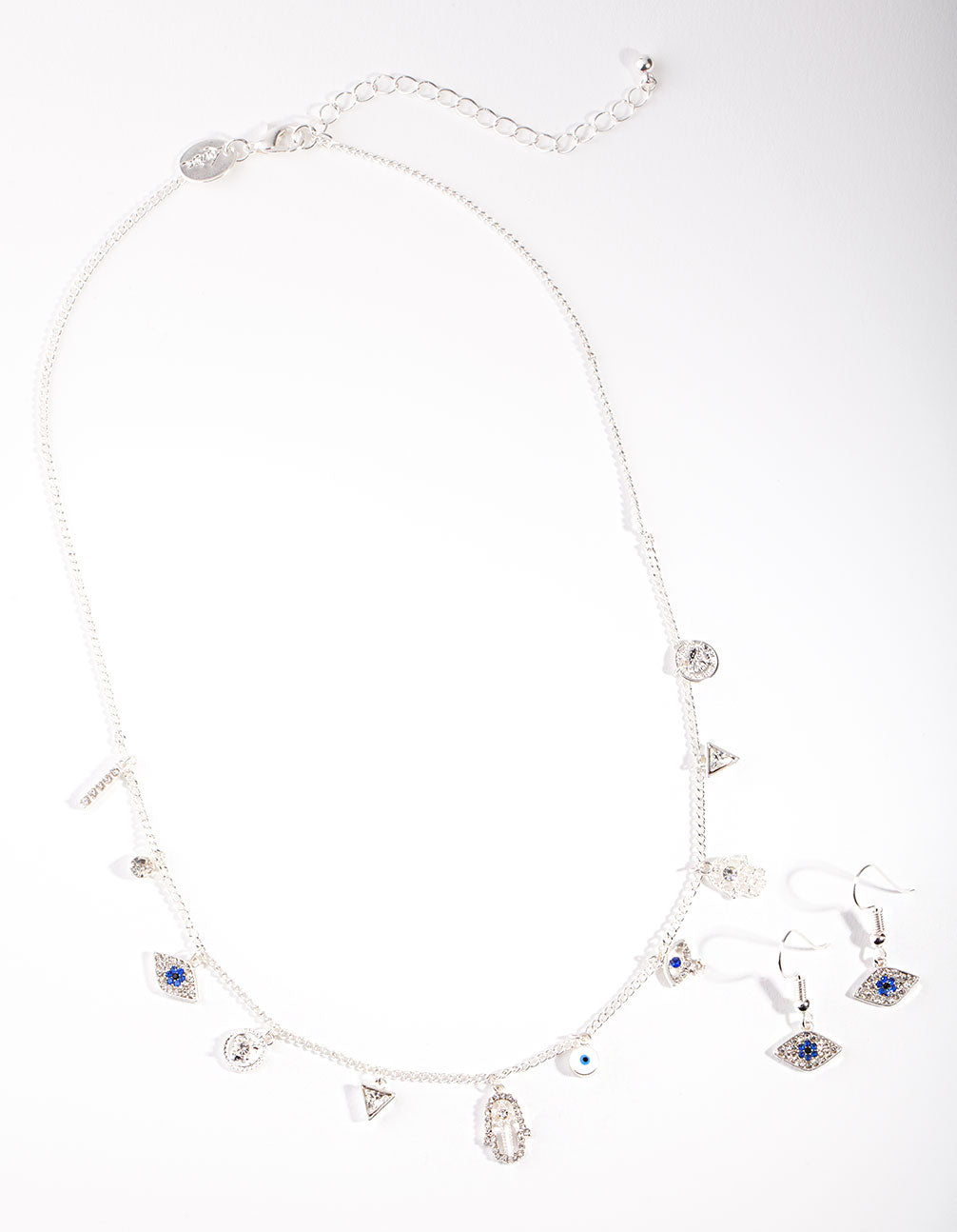 Silver Evil Eye Charm Necklace Earrings Set