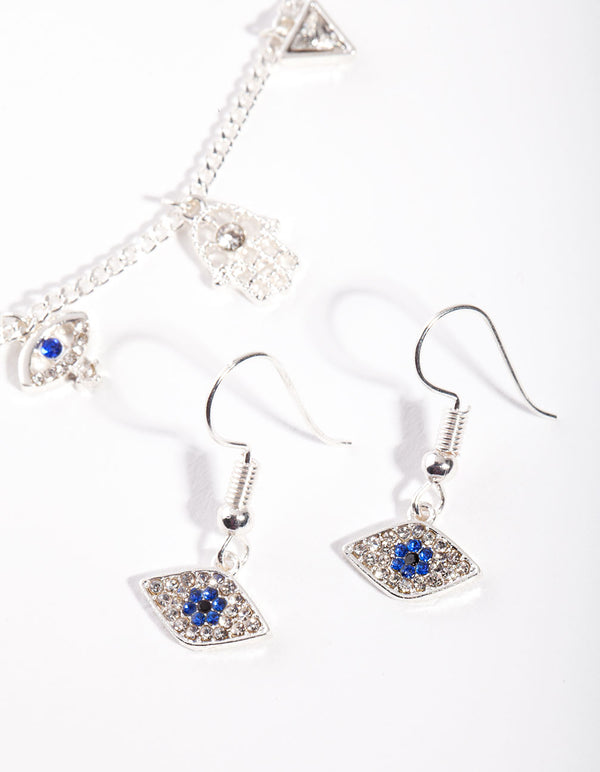 Silver Evil Eye Charm Necklace Earrings Set