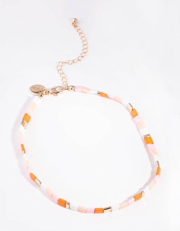Orange Pink Square Bead Anklet