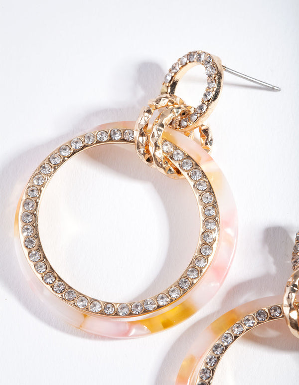 Gold Pink Diamante Acrylic Loop Earrings