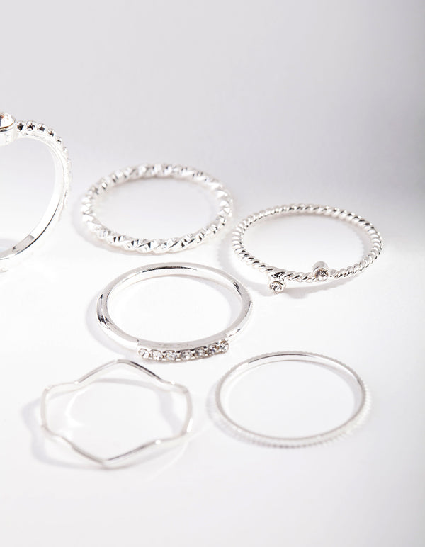 Silver Diamante Mixed Band Ring 6-Pack