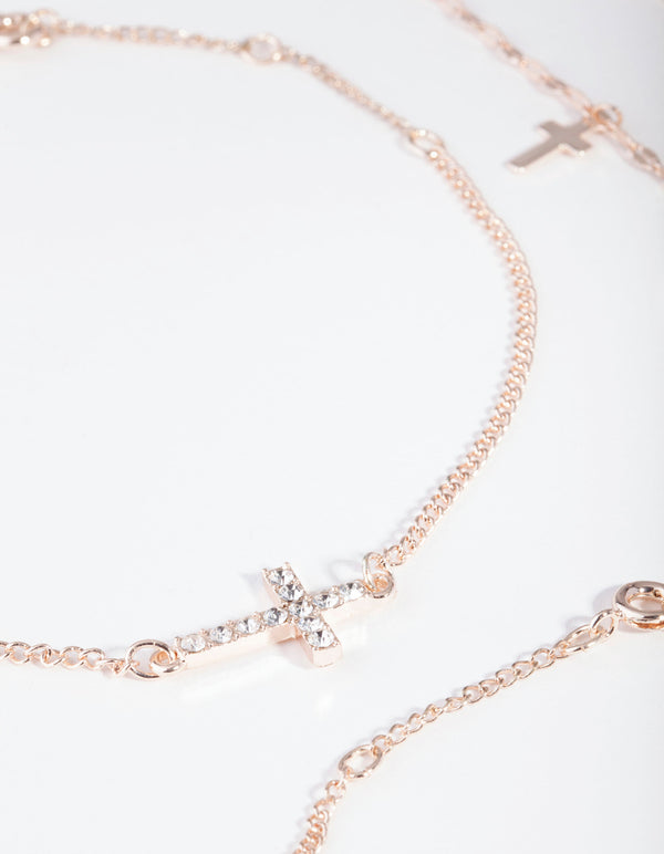 Rose Gold Chain & Cross Bracelet & Anklet 4-Pack Set