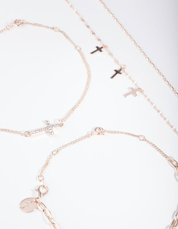 Rose Gold Chain & Cross Bracelet & Anklet 4-Pack Set