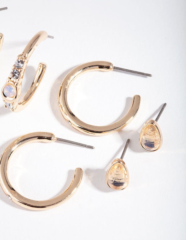 Gold Large Hoop Cratered Stone Earring Pack