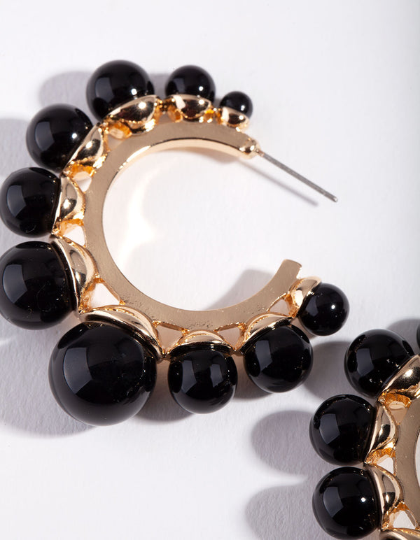 Gold Black Ball Hoop Earrings
