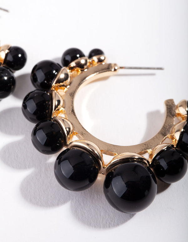 Gold Black Ball Hoop Earrings