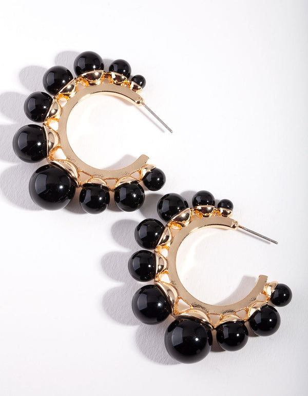 Gold Black Ball Hoop Earrings