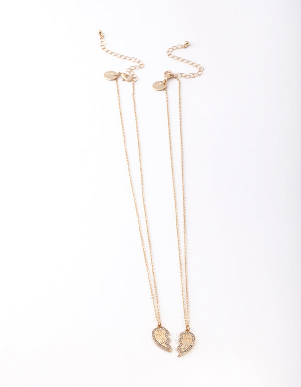 Gold Diamante Best Friend Half Heart Necklace Pack