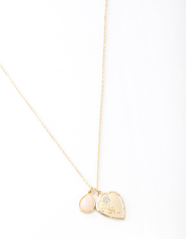 Gold Heart & Pink Semi Precious Stone Necklace