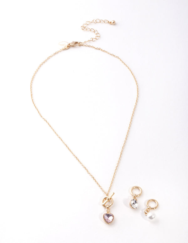 Gold Pearl & Diamante Heart Charm Necklace