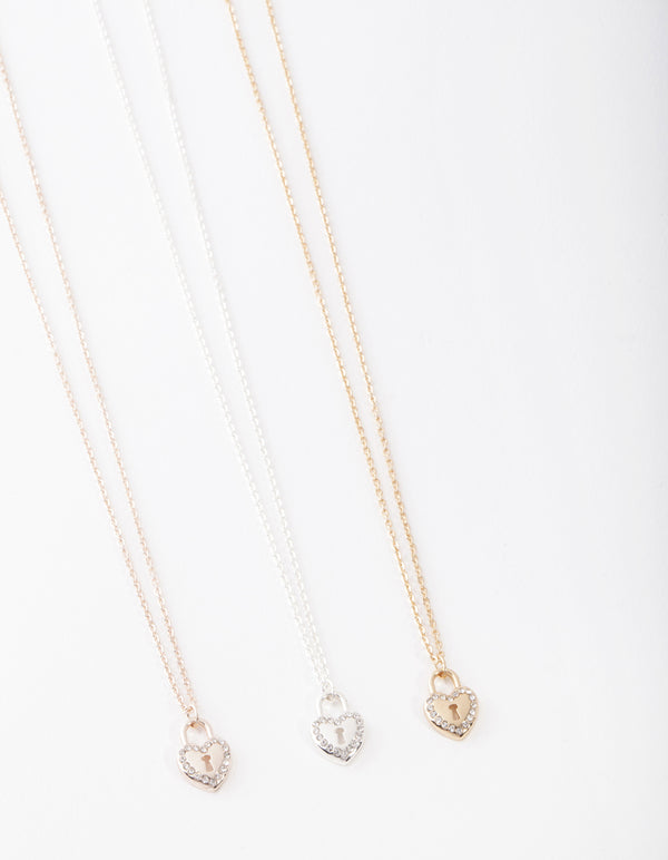 Mixed Metal Diamante Heart Lock Necklace Pack