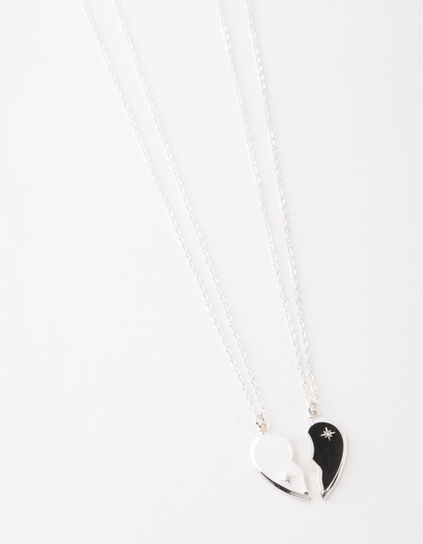 Silver Black & White Half Heart Yin & Yang Necklace Pack
