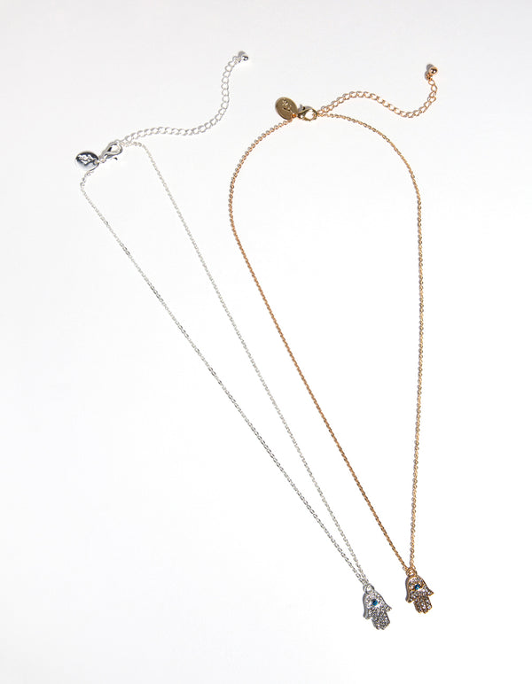 Mixed Metal Blue Stone Hamsa Hand Necklace Pack