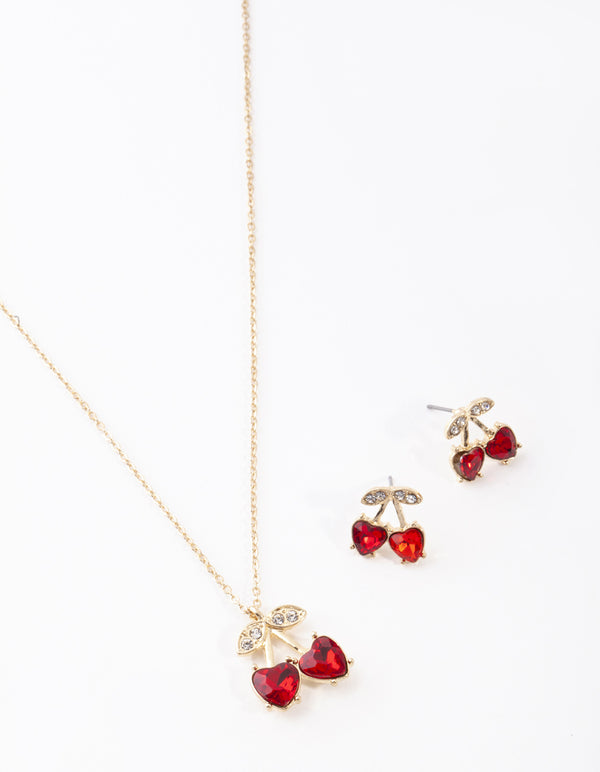 Gold Red Cherry Diamante Necklace & Earrings Set
