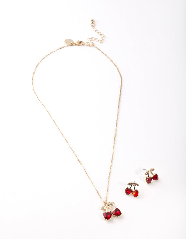 Gold Red Cherry Diamante Necklace & Earrings Set