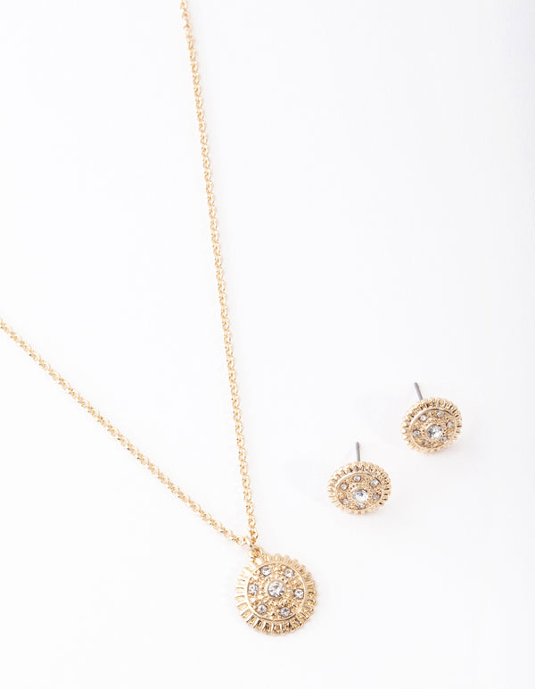 Gold Diamante Textured Necklace & Earring Set