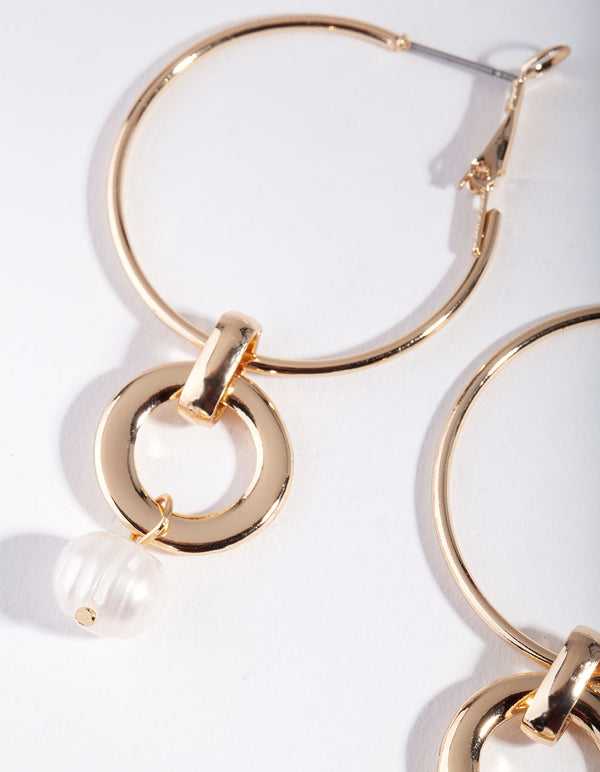 Gold Freshwater Pearl Link Drop Hoop Earrings